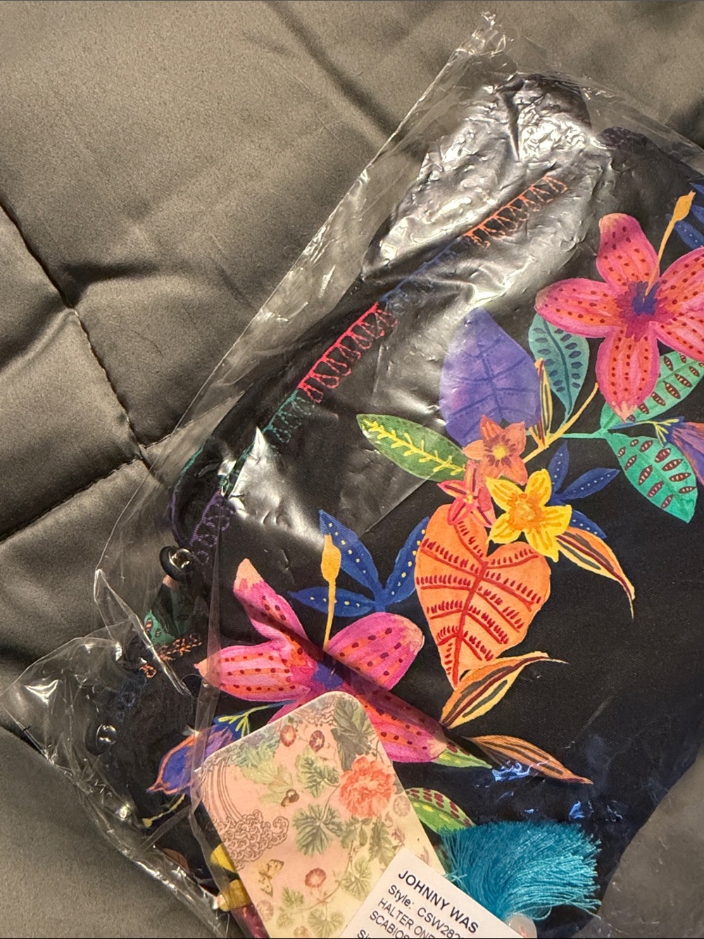 Johnny Was Black Halter One-Piece Swimsuit with Multicolor Floral Embroidery - Picture 4 of 6